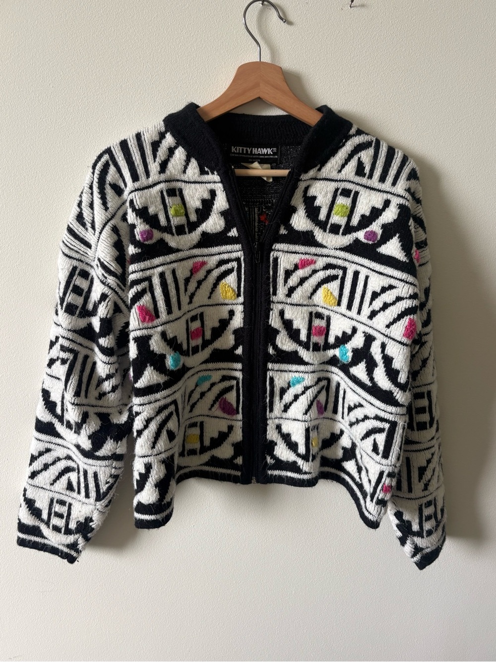 Kitty Hawk Vintage 80s 90s Black White Aztec Geometric Zip Knit Sweater Jacket